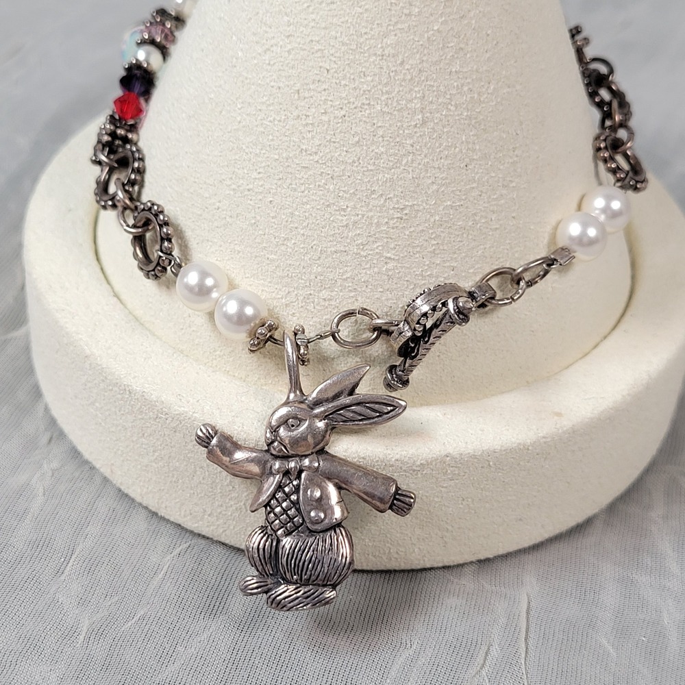 Sterling Silver Rabbit Charm Bracelet 925 Glass Faux Pearl Multi Color 7.25in